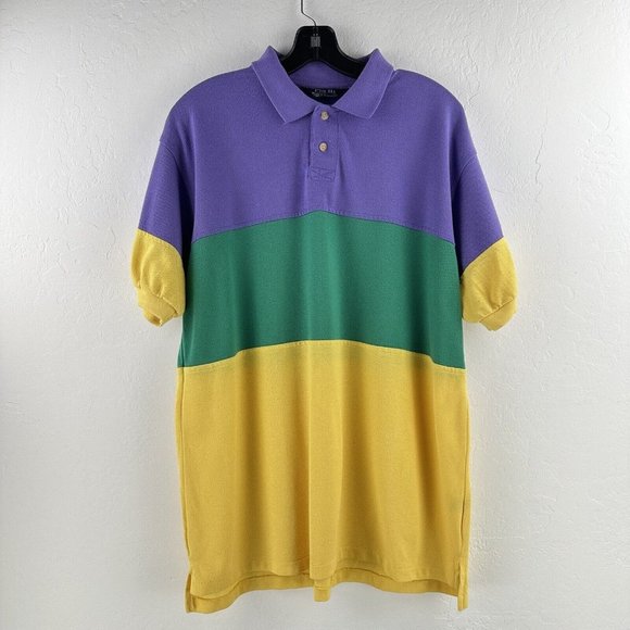 Vtg Pin-Hi Arrow Stripe Color Block Polo Golf‎ Shirt Purple Green Yellow 80s XL - Picture 1 of 8